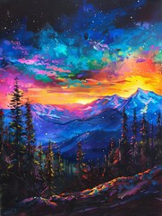 Fototapeta premium Majestic mountain sunset painting artwork - A dramatic painting capturing the essence of a sunset over majestic mountain peaks and pine forest