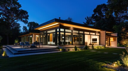 Fototapeta premium Modern house with outdoor and indoor lighting at night