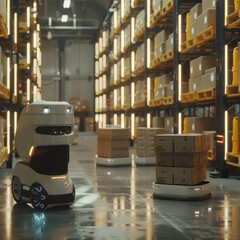 Cybernetic robots efficiently sort and load parcels onto autonomous delivery vehicles in a hightech warehouse