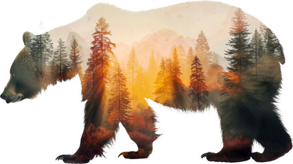 Double exposure of a bear with forest and sunset landscape