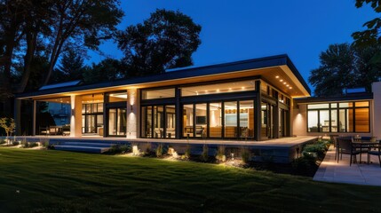 Fototapeta premium Modern house with outdoor and indoor lighting at night