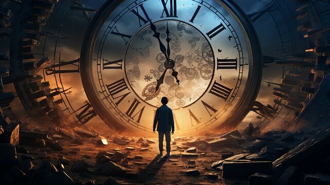 Man approaching an immense shattered clock - A lone figure approaches a shattered gigantic clock depicting the fleeting and fragile nature of time