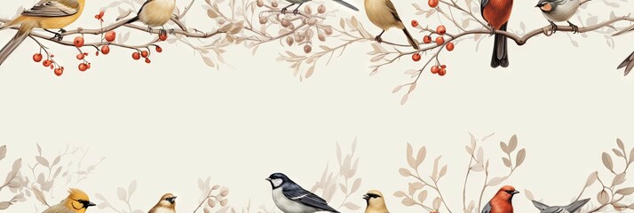 Birds perched on branches with red berries - A seamless pattern depicting various birds perched gracefully on tree branches adorned with red berries against a neutral background