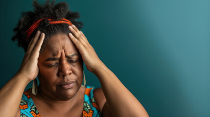 a 45 years old brazilian fat female hold her head because of headache.