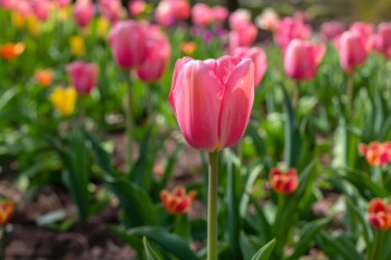 Naklejka premium Close-up of tulip on a floral field background
