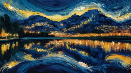 Contemporary oil painting of mountains with a lake below. Bright colors and bold brushstrokes create lively textures