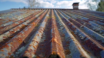 Rusty roof with a house in the background