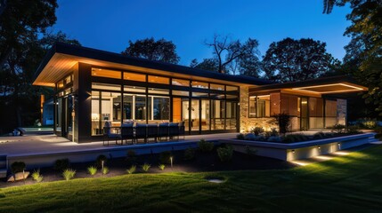 Modern house with outdoor and indoor lighting at night