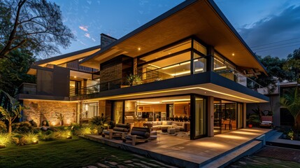 Fototapeta na wymiar Modern house with outdoor and indoor lighting at night