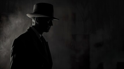 A dark, clandestine figure emerges from the shadows, shrouded in mystery and intrigue, evoking the unmistakable style of film noir. Figure partially hidden by darkness representing the Deep State.