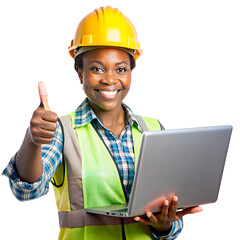 Engineer black woman holding a laptop and thumbs up  on the transparent background.
 