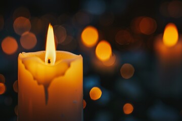 Lit candle on a dark background with bokeh