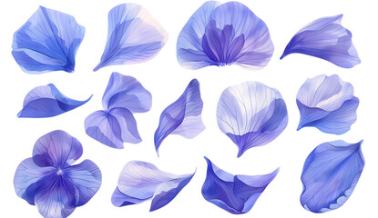 A set of blue watercolor flower petals on a white background