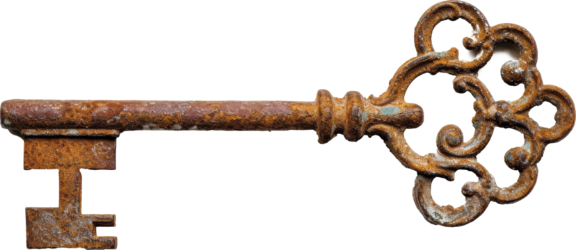 Rustic antique key with ornate bow and long shaft