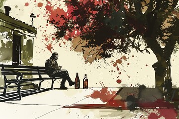 illustration of a man drinking alcohol on a bench - obrazy, fototapety, plakaty