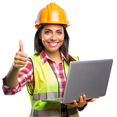 Engineer latin woman holding a laptop and thumbs up  on the transparent background.
 