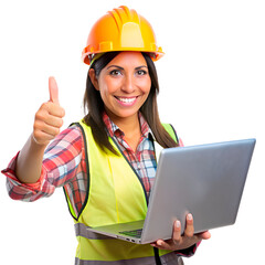 Engineer latin woman holding a laptop and thumbs up  on the transparent background.
 