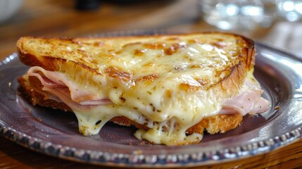 Close up of sandwich plate with ham and cheese
