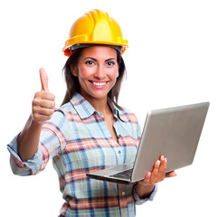 Engineer latin woman holding a laptop and thumbs up  on the transparent background.
 