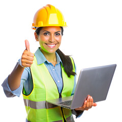 Engineer latin woman holding a laptop and thumbs up  on the transparent background.
 