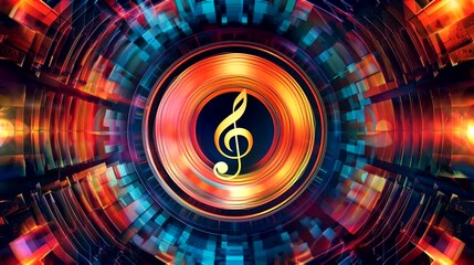 Central music note in vivid abstract display. Looping 4k video animation background