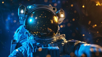 astronaut looks at new civilization in space. blue and gold colors. blue planet