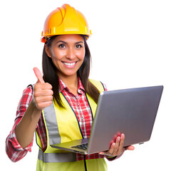 Engineer latin woman holding a laptop and thumbs up  on the transparent background.
 