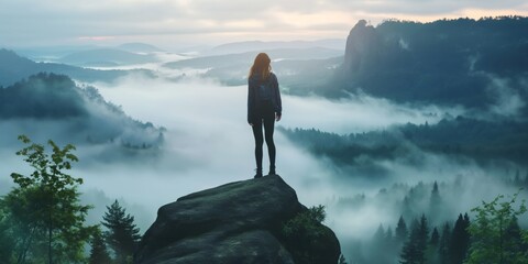 Female hiker at the summit of a mountain overlooking a stunning view.Women in business, achiever, ambitious woman, leader, glass ceiling. Ambition aspiration success high achievement determination
