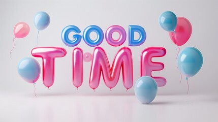 3D glossy balloons spelling 'GOOD TIME' with party balloons on white background. Celebration and fun concept. Design for event invitations
