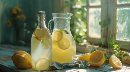 Two pitchers, two lemons on table