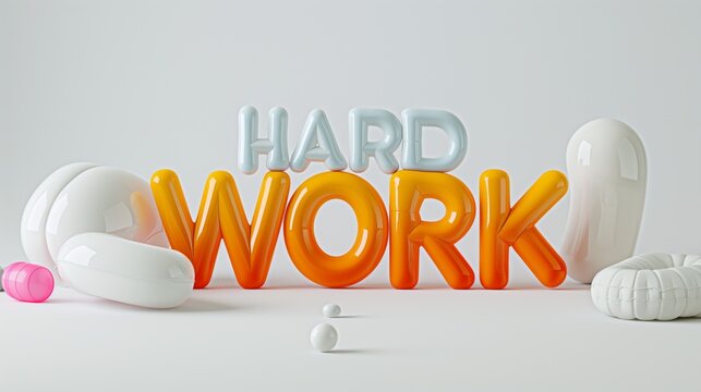 3D rendered 'HARD WORK' letter balloons in white and orange. Motivation and success concept. Design for inspirational posters