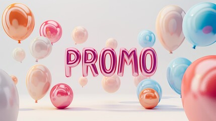 Glossy 'PROMO' balloon letters amidst floating balloons. Discount and special offer concept. Design for sales promotions and marketing graphics with copy space