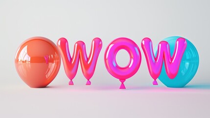 Vibrant 3D balloons spelling 'WOW' with reflection effects. Surprise and excitement concept. Design for eye-catching advertisements