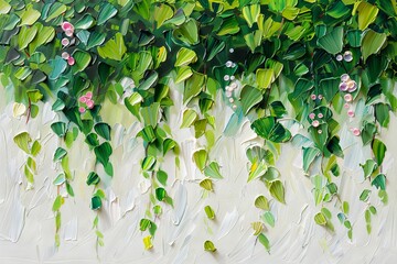 Textured green foliage with pink blossoms - This vibrant artwork showcases a lush array of green leaves with delicate pink flowers, painted with a thick, impasto technique