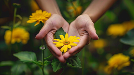 Hands Holding a Yellow Flower Tenderly - Two hands cradle a bright yellow flower against a blurred green background, portraying care and gentleness