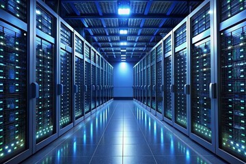 Fototapeta premium Server racks in computer network security server room data center 3D render dark blue