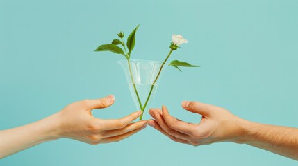 human hands with green funnel water plants at blue minimalistic background