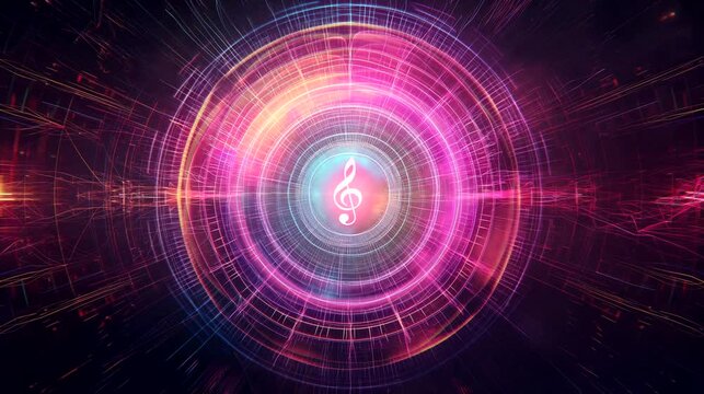 Central music note in vivid abstract display. Looping 4k video animation background