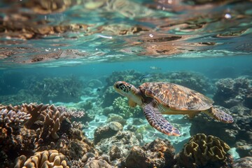 Fototapeta premium Sea turtle swimming in coral reef underwater.