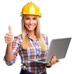  Engineer blondie woman holding a laptop and thumbs up  on the transparent background.
