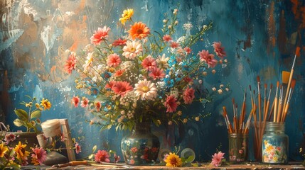 A realistic painting capturing a vibrant bouquet of colorful flowers arranged in a vase on a wooden table.