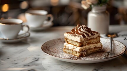 A slice of tiramisu with a backdrop of cozy coffee ambiance