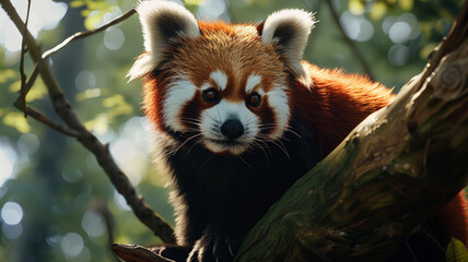 Cute panda sitting on branch looking at camera, AI Generative.