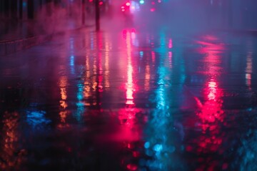 Naklejka premium Neon lights and smoke on wet street