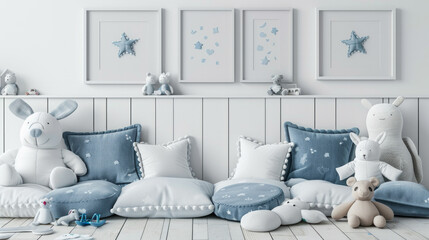 A room with a blue and white theme, featuring a bed with pillows