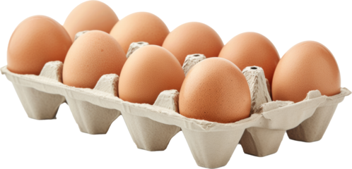 Dozen brown eggs in a cardboard tray