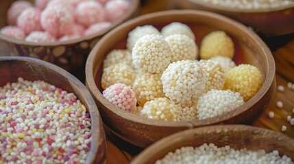 Several bowls of rice balls and assorted dishes on a table