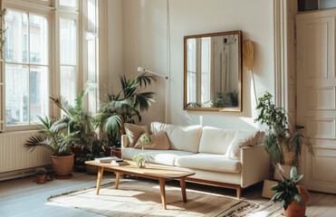 A bright living room with white walls, light grey floor and plants. A large mirror is mounted on the wall near the window