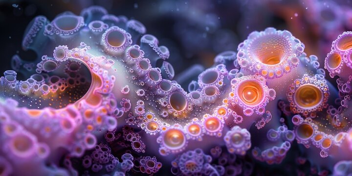 Detailed view of a vibrant purple and yellow sea anemone underwater.