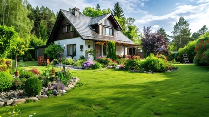 a house with a beautiful and spacious garden and clear skies
